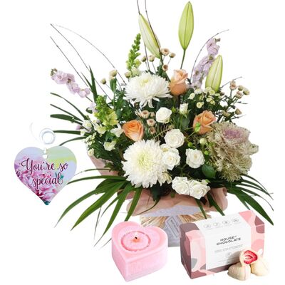 Romantic Anniversary gift bundle with heart candle and chocolates