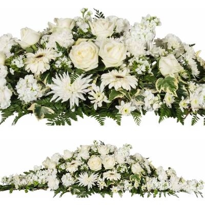Pink and white casket spray flowers with matching funeral flower arrangement – handcrafted tribute by Best Blooms Auckland