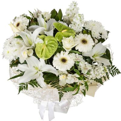 Sympathy bouquet of white lilies, roses and seasonal flowers for delivery in Auckland