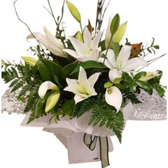 lily flowers auckland. Bouquet in white wrapping with mix of white oriental lilies and white calla lilies with willow twigs, leather fern. Displayed in a white vox box with white wrapping and a green organza bow.
