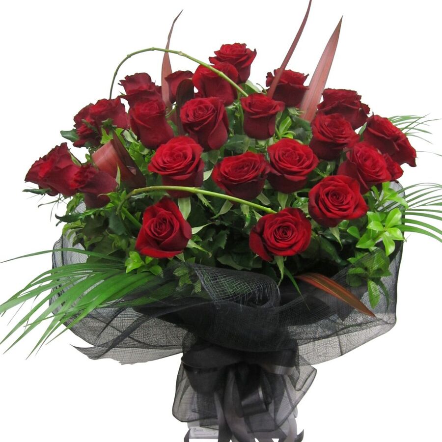 Two dozen red roses bouquet in black wrapping with palm leaves. Best Blooms Flowers Delivery Auckland Valentines Day