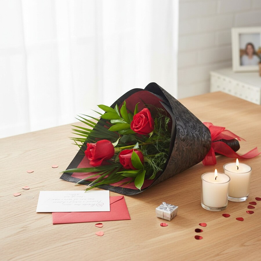 Red Rose Trio Three red roses wrapped and prepared for Auckland delivery