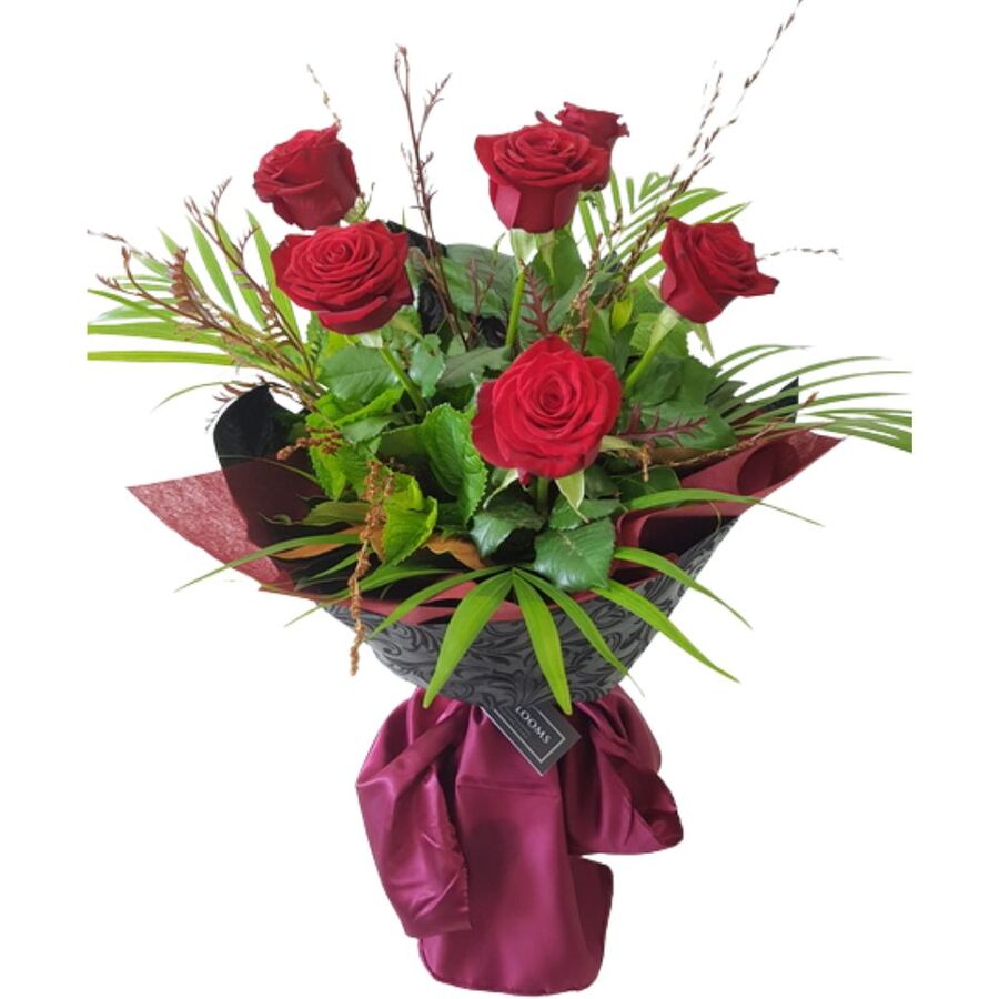 Half dozen red roses bouquet with six NZ-grown long-stem roses, gift-wrapped by Best Blooms Auckland