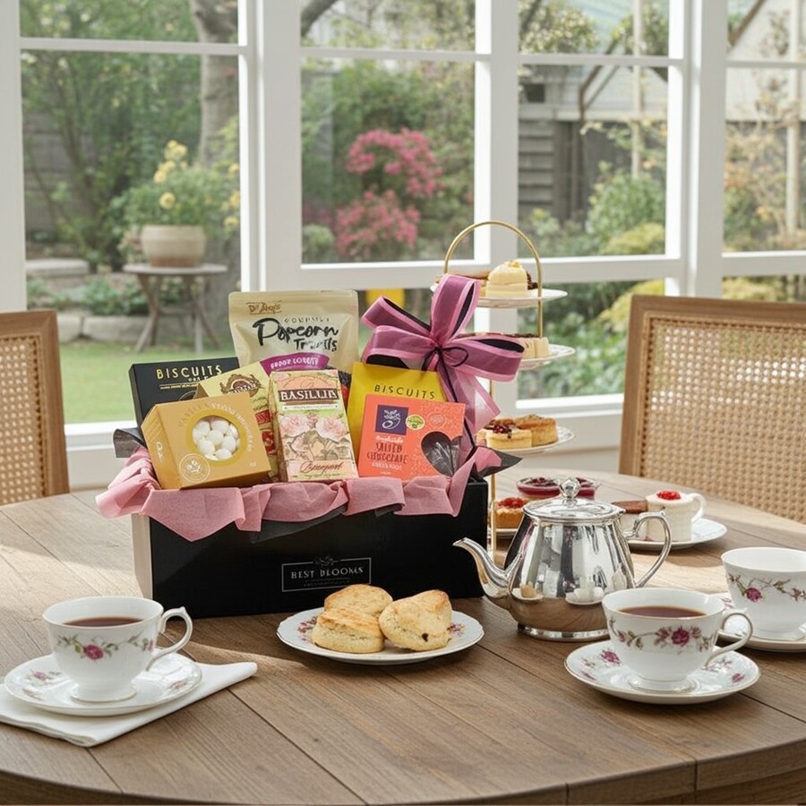 Selection of teas, cookies and treats from the Afternoon Tea Gift Box in styled scene.