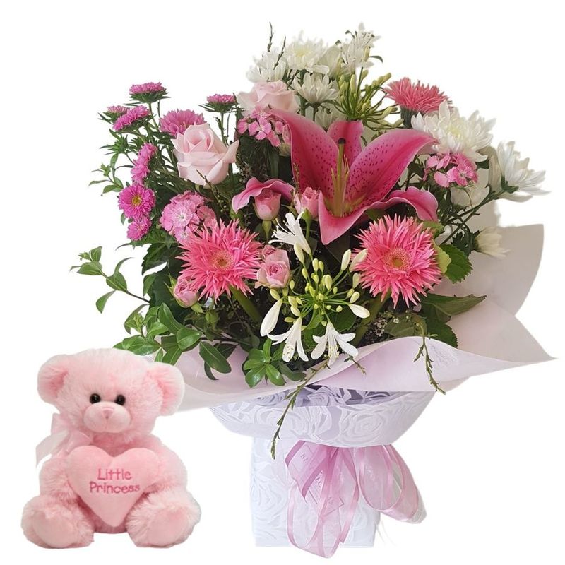 Pink girl Baby Flowers Auckland and baby pink baby teddy