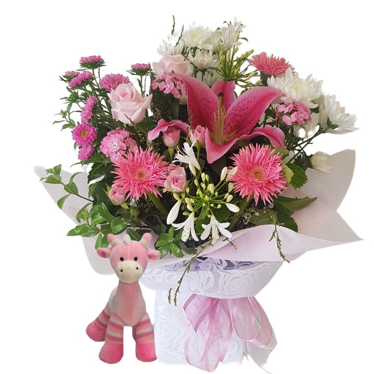Pink girl Baby Flowers Auckland and baby pink baby teddy