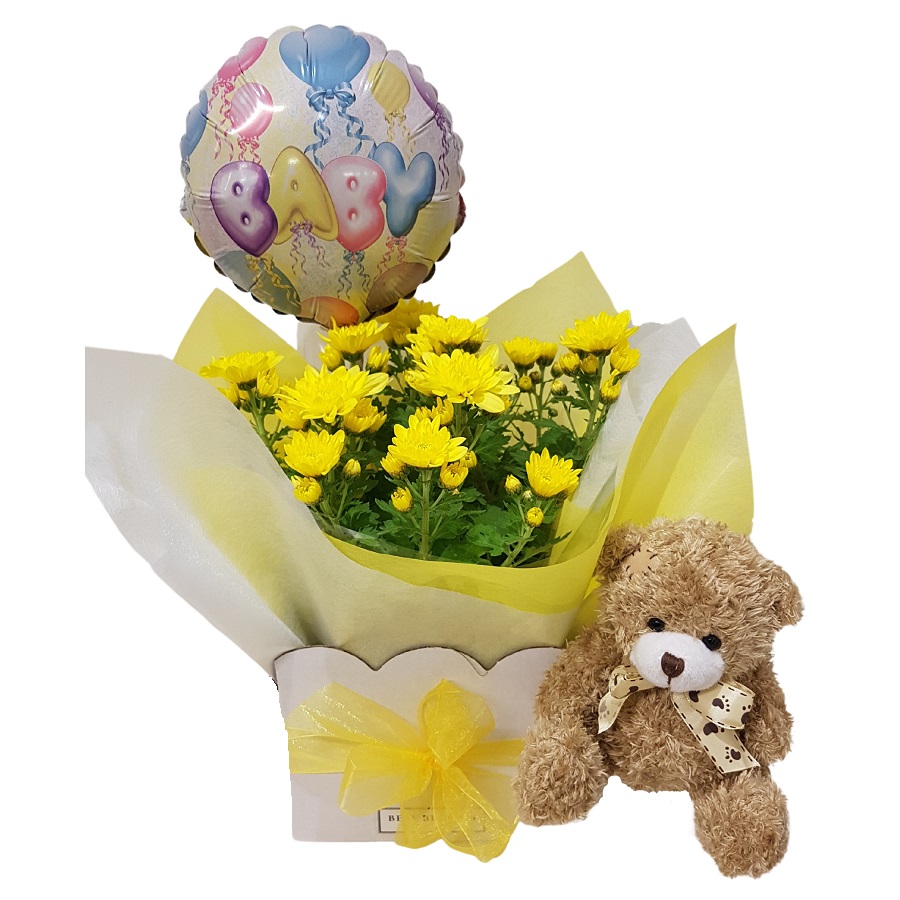 yellow chrysanthemum plant with BABY balloon and brown teddy bear