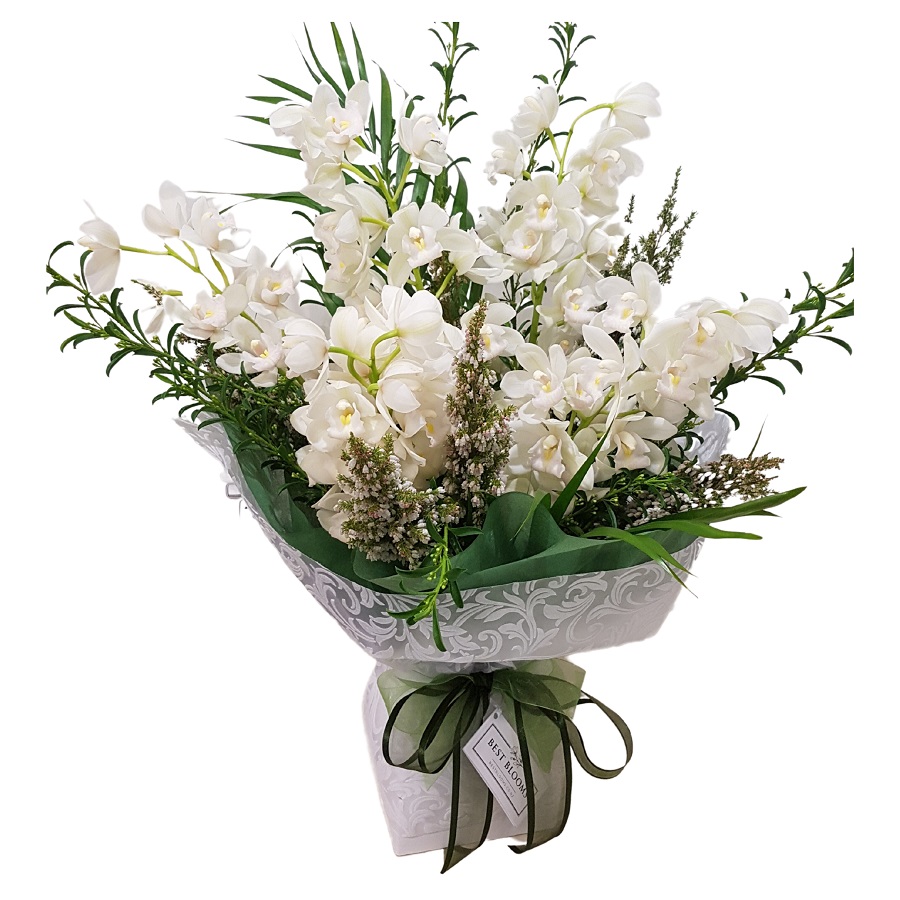 Vox bouquet of white polymin orchids, lush greenery and palm leaves in a stylish white wrapping with classy olive green satin edged ribbon bow.