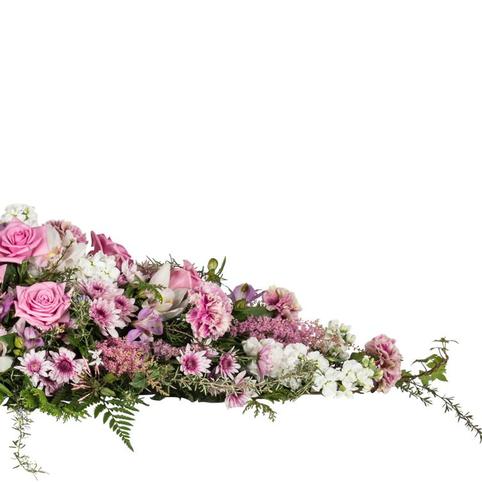 front view mauve pretty casket flowers, Roses, carnations, chrysanthemums, jasmine in blush flowers, lavender, mauve