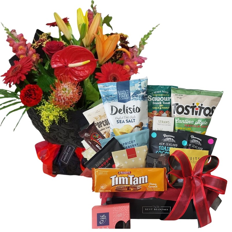 Combo Gift - Big Sharing Gift Box in Red Wrapping with Sylish Red Bouquet to Match.