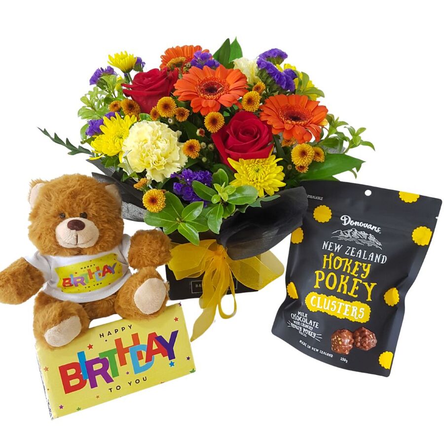 Bright birthday gift box arrangement Auckland delivery