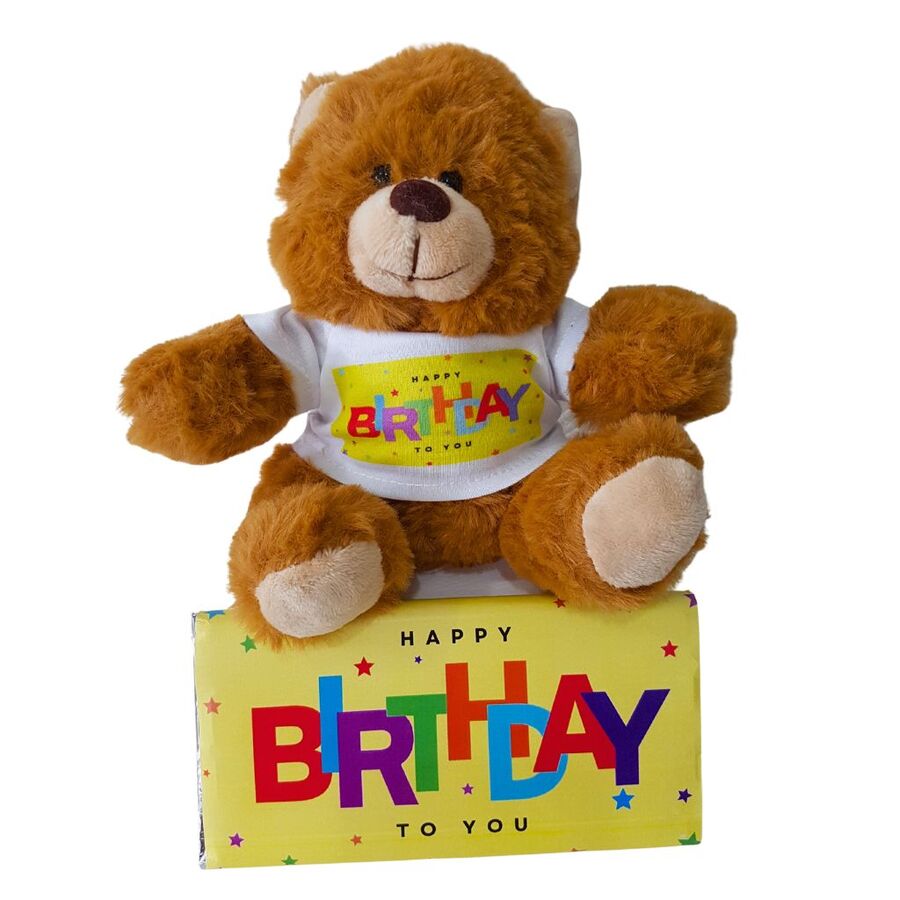 Birthday teddy bear with matching Happy Birthday chocolate bar
