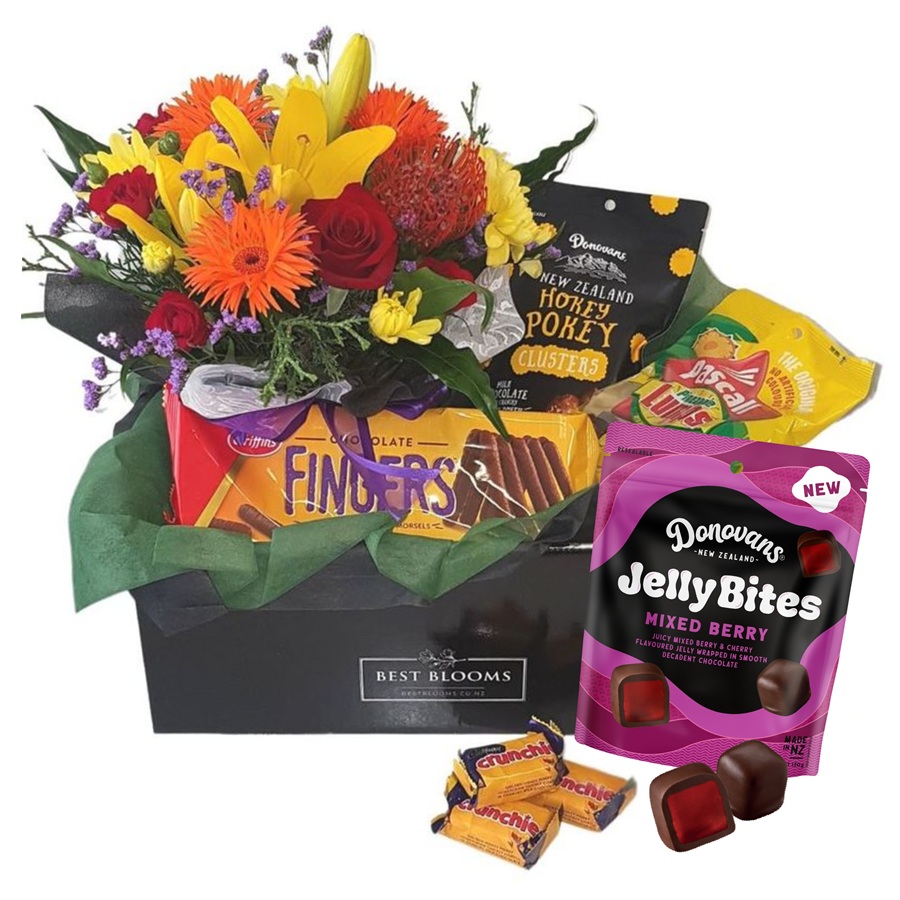 Bright flower bouquet with chocolates and sweet treats gift box Auckland delivery