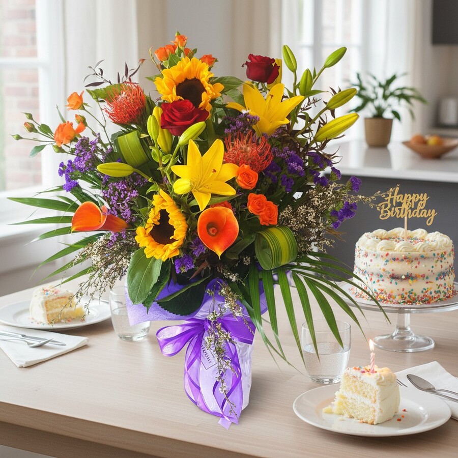 Bright Flowers Vox Bouquet Tall vibrant flower bouquet in mixed bold colours arranged in a vox for freshness