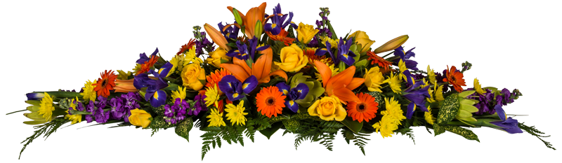 Bright Colourful Casket Spray Flowers. Mixed seasonal bloom, iris, lilies, yellow roses, orange gerberas. Auckland Florist.
