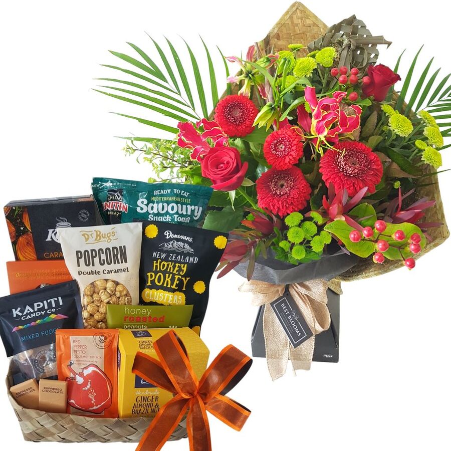 Celebration Kete & Bouquet Gift Set Bright NZ bouquet wrapped in kete with celebration gift basket – Best Blooms Auckland