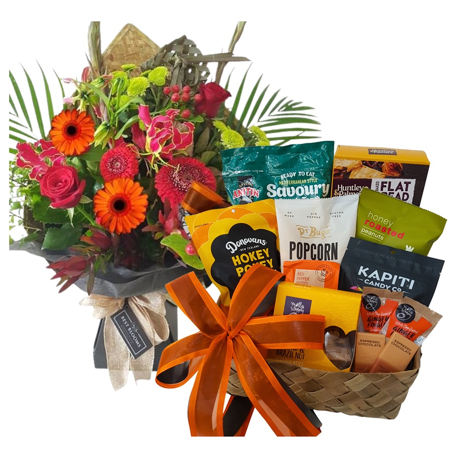 Flowers and gift basket with NZ kete and bright bouquet Auckland delivery