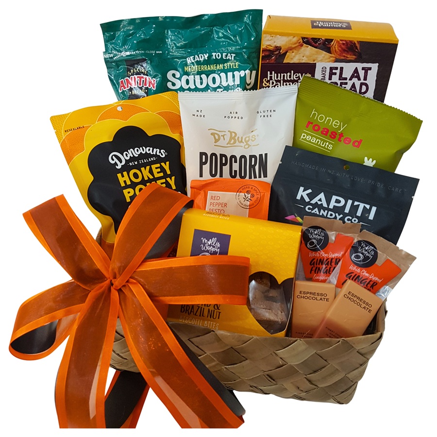 Celebration kete gift basket with NZ treats in flax kete Auckland delivery