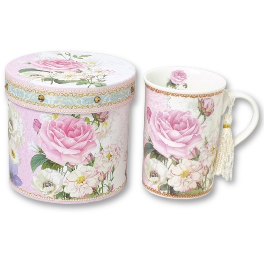 china mug with floral design and gift box