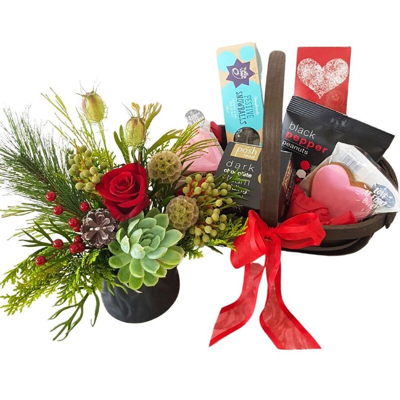 Christmas Floral and Gift Basket. NZ made gourmet Christmas treats.