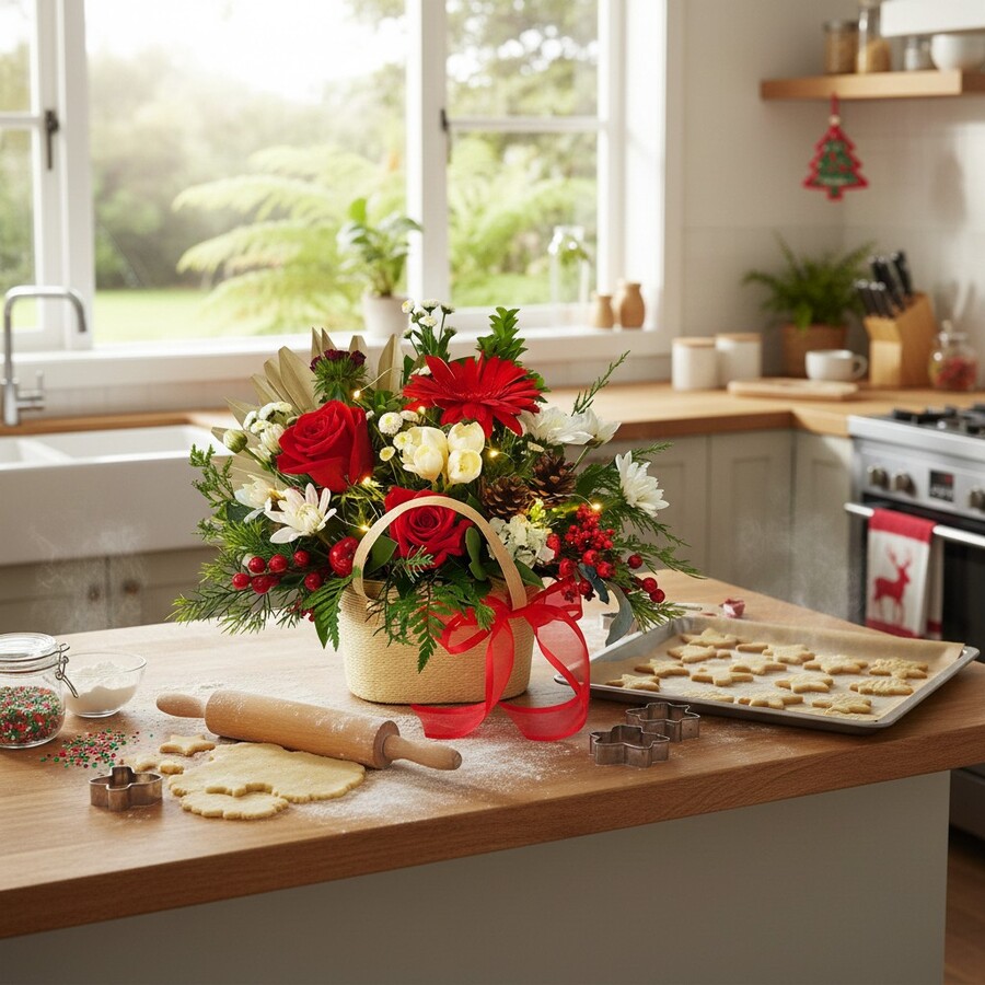 Christmas flower basket in festive kitchen scene with baking