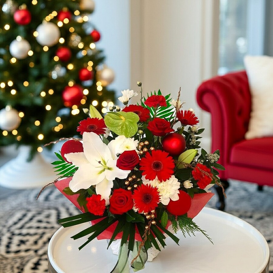 Large Luxury Christmas Bouquet Christmas Bouquet in lounge setting with Christmas Tree in the Background