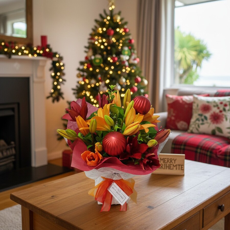 Christmas Glow Bouquet Christmas Glow Bouquet in warm NZ lounge scene with Christmas tree in background