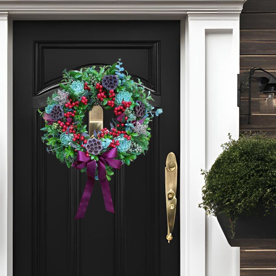Christmas door wreath with black front door