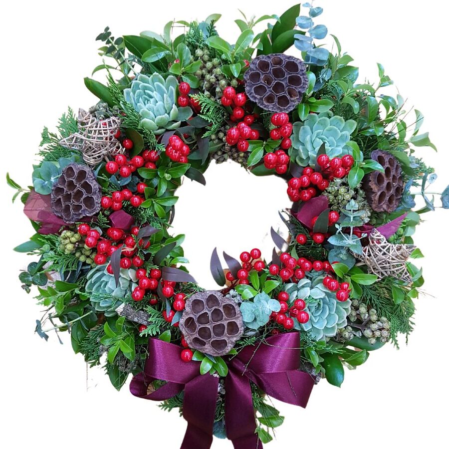 Christmas Berry Wreath, succulents, lotus pods and Pohutukawa buds