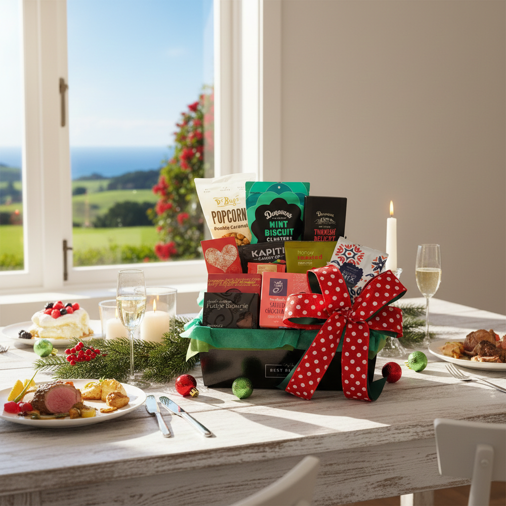 Christmas Gift Basket Styled shot of Christmas Gift Basket in a kiwi home environment.