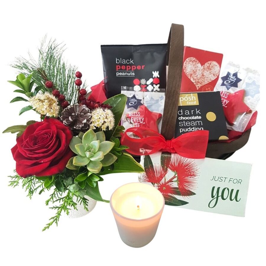 Mini Christmas Gift Basket with Candle – Weekly Flower Special Best Blooms Auckland, Christmas Goodness Basket with Candle