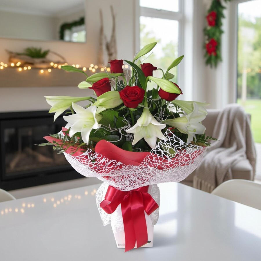 Christmas lillies and red roses bouquet in New Zealand lounge scene