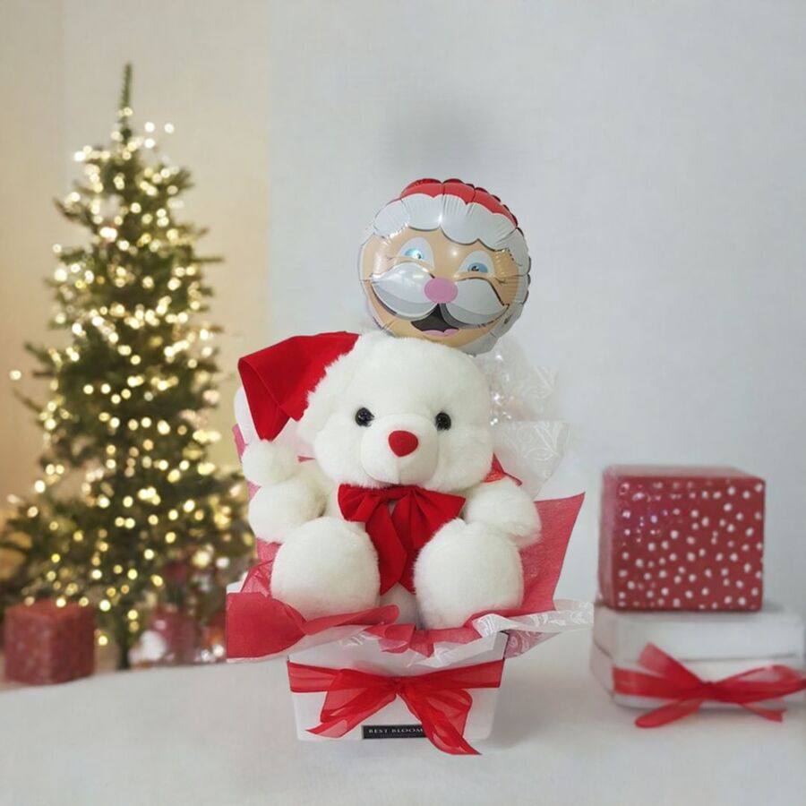 Plush Santa Bear in Gift box in Christmas Scene