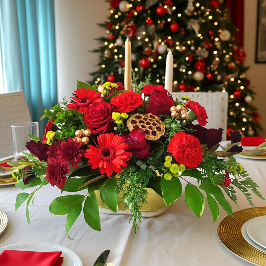 Festive Christmas table centrepiece with seasonal flowers and candle for Auckland delivery