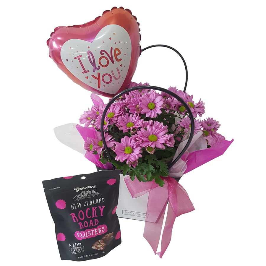 Plant Basket with Balloon and Chocolates pinkchrysanthemum plant with balloon and chocolates