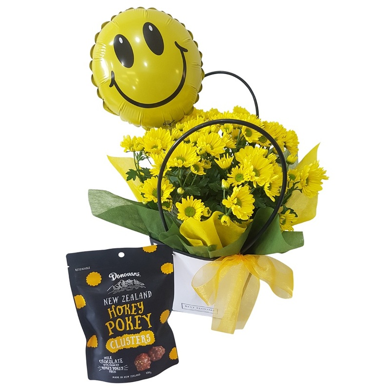 chrysanthemum plant in gift box with smiley face balloon and hokey pokey chocolates