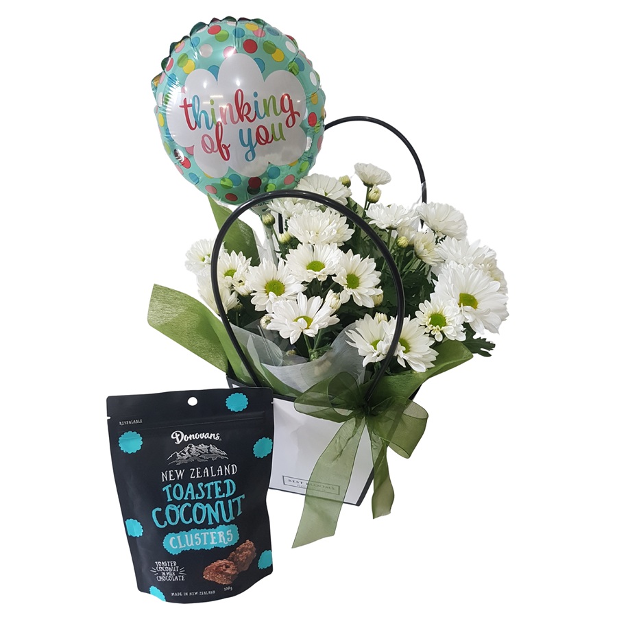 Plant Basket with Balloon and Chocolates white plant in gift box with balloon and chocolates