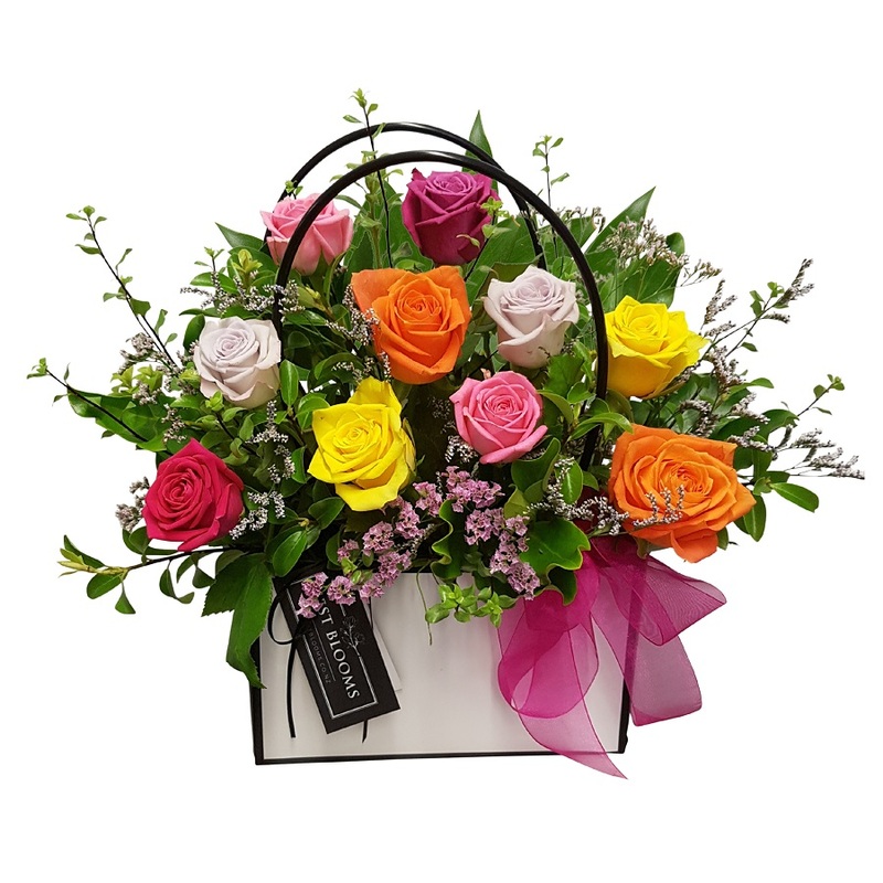 coloured rose handbag arrangement auckland delivery, 