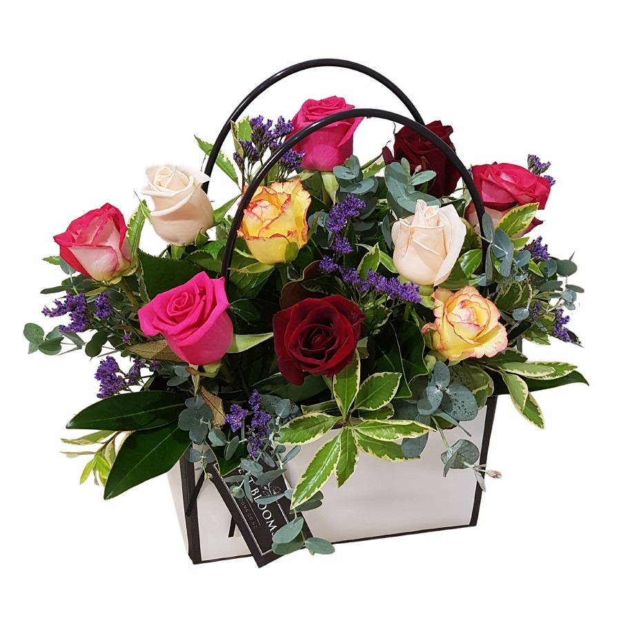 coloured%20rose%20handbag%20arrangement%20auckland%20delivery, 
