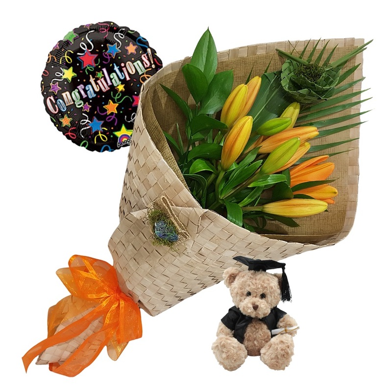 Flowers for graduation, graduation bear, graduate balloon.