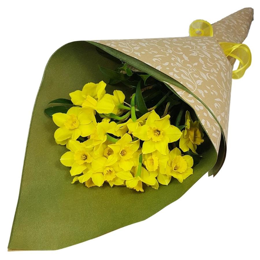 daffodils wrapped in brown paper