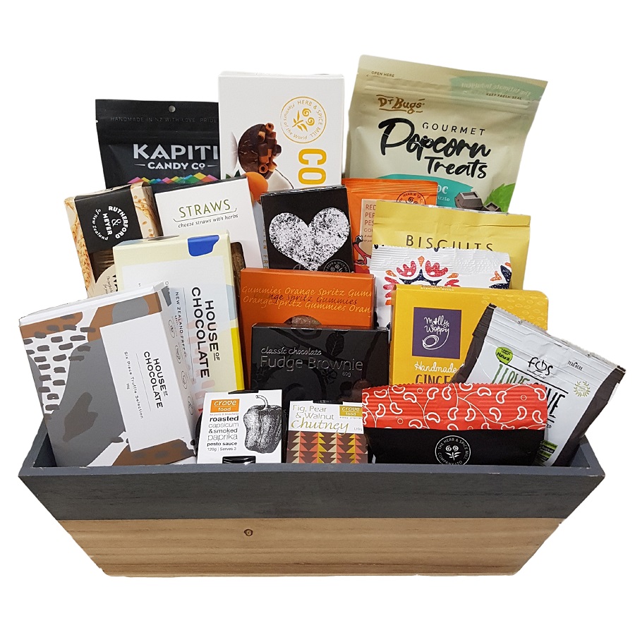 large wooden crate full of gourmet treats