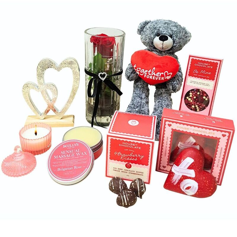 luxury valentine's gift hamper including fresh red rose in a vase