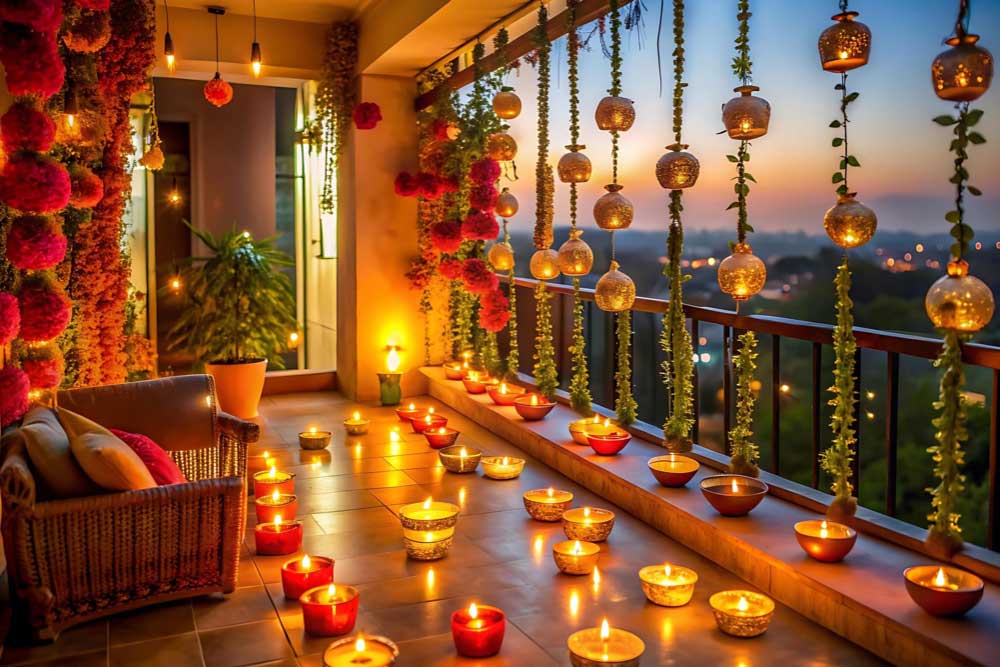 Marigold garlands and lamps on balcony Diwali balcony lights and garlands