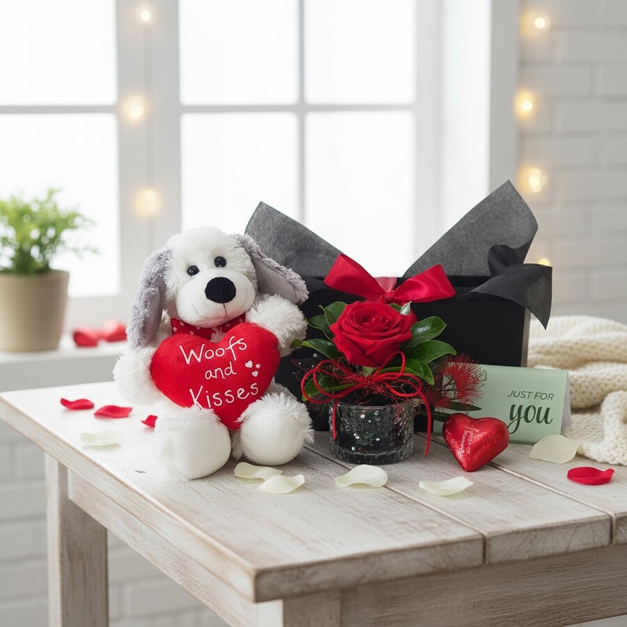 Dog Lovers Gift Set Cute Valentine puppy gift basket with rose and chocolate in styled scene