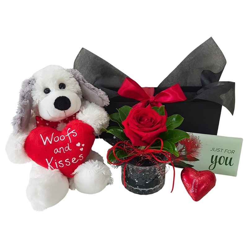 Valentines Day gift basket with Puppy Soft Toy, Red Rose and Chocolates