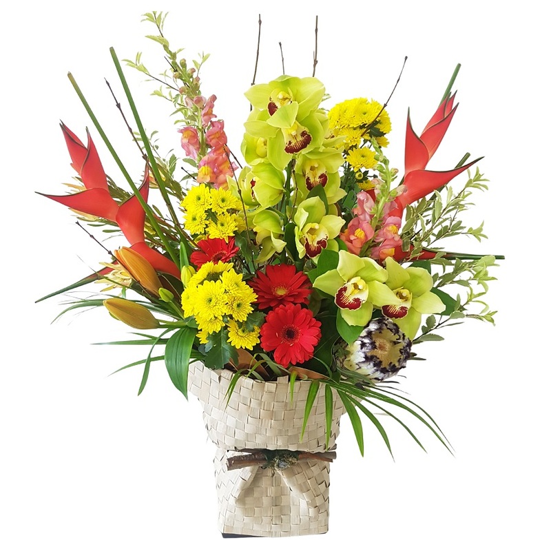 Tropical Bouquet Auckland includes Helicona, Bird of Paradise, Orchids, Lilies, Anthuriums