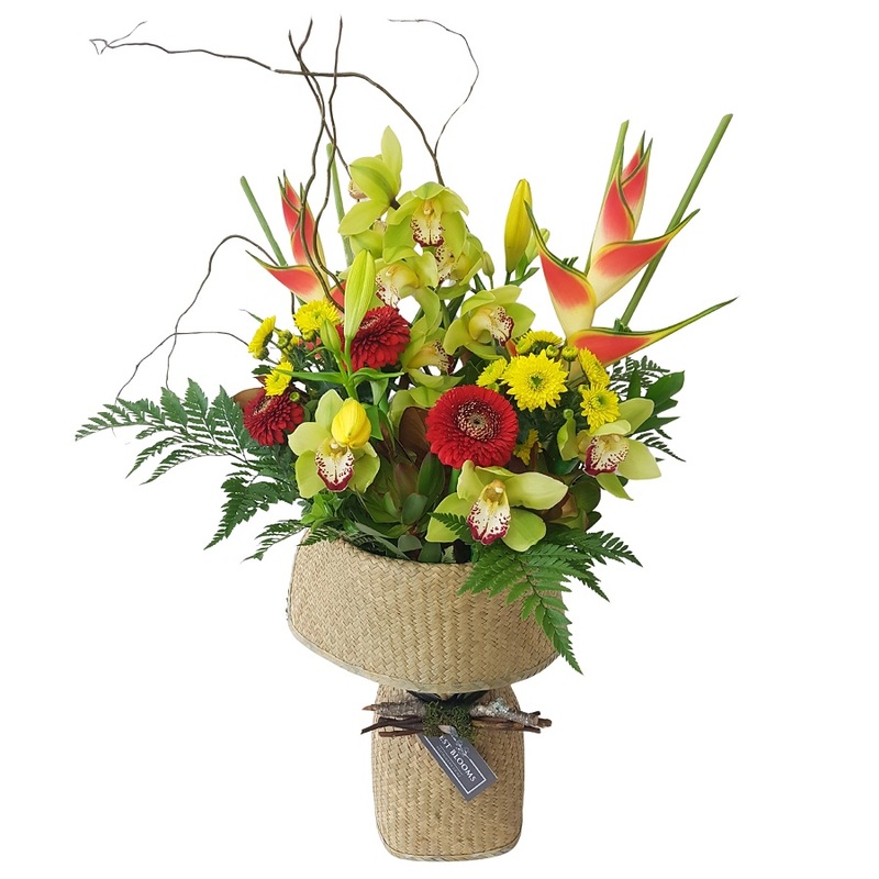 Bright Tropical Style Bouquet of Flowers in Kete Wrap