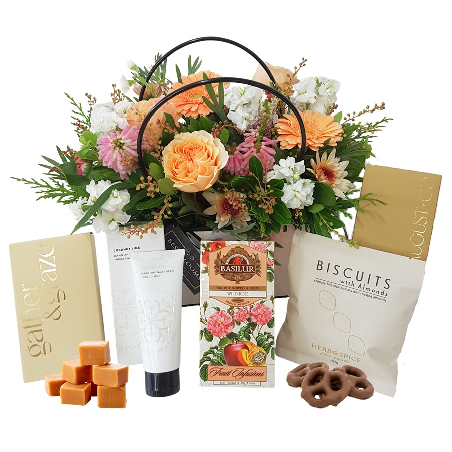 Peach Flowers Gift Box with luxury NZ made food, fruit tea and hand cream Gift Box delivered in Auckland.