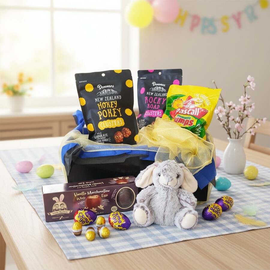 Easter Egg Basket Chocolate Easter basket with plush bunny and seasonal candies